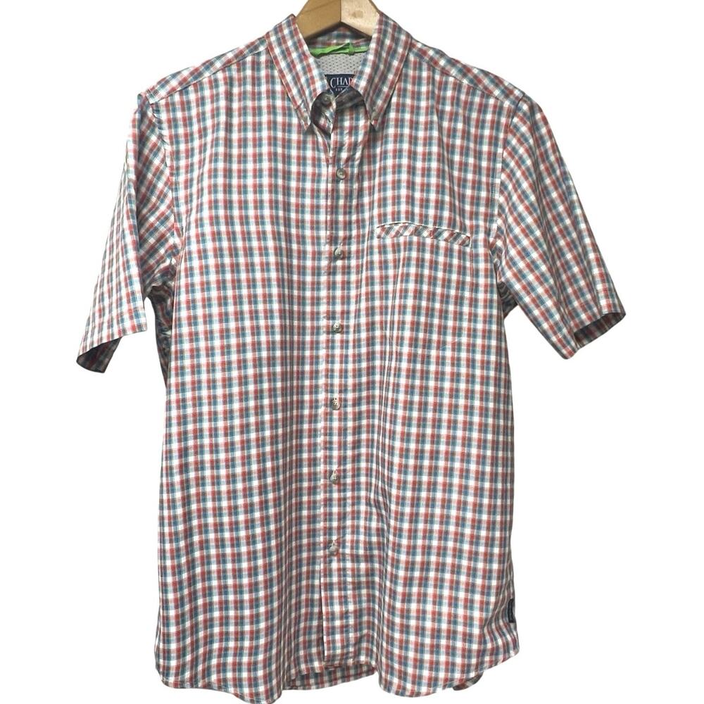 Ralph Lauren Chaps Sz Medium Short Sleeve Button Down Shirt Red Blue Plaid Mens